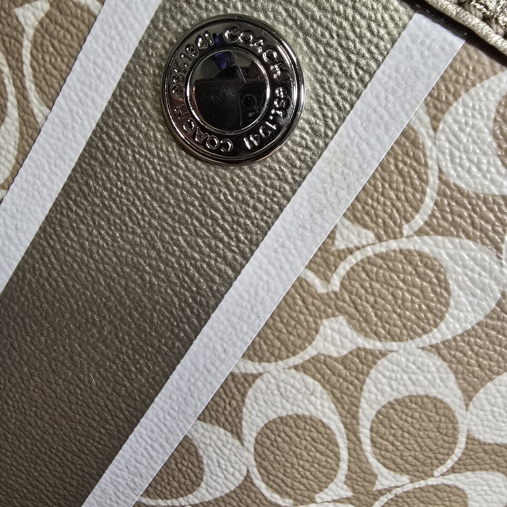 COACH Khaki and Gold Swingpack Crossbody Bag Coated Canvas Signature Stripe - Picture 7 of 16